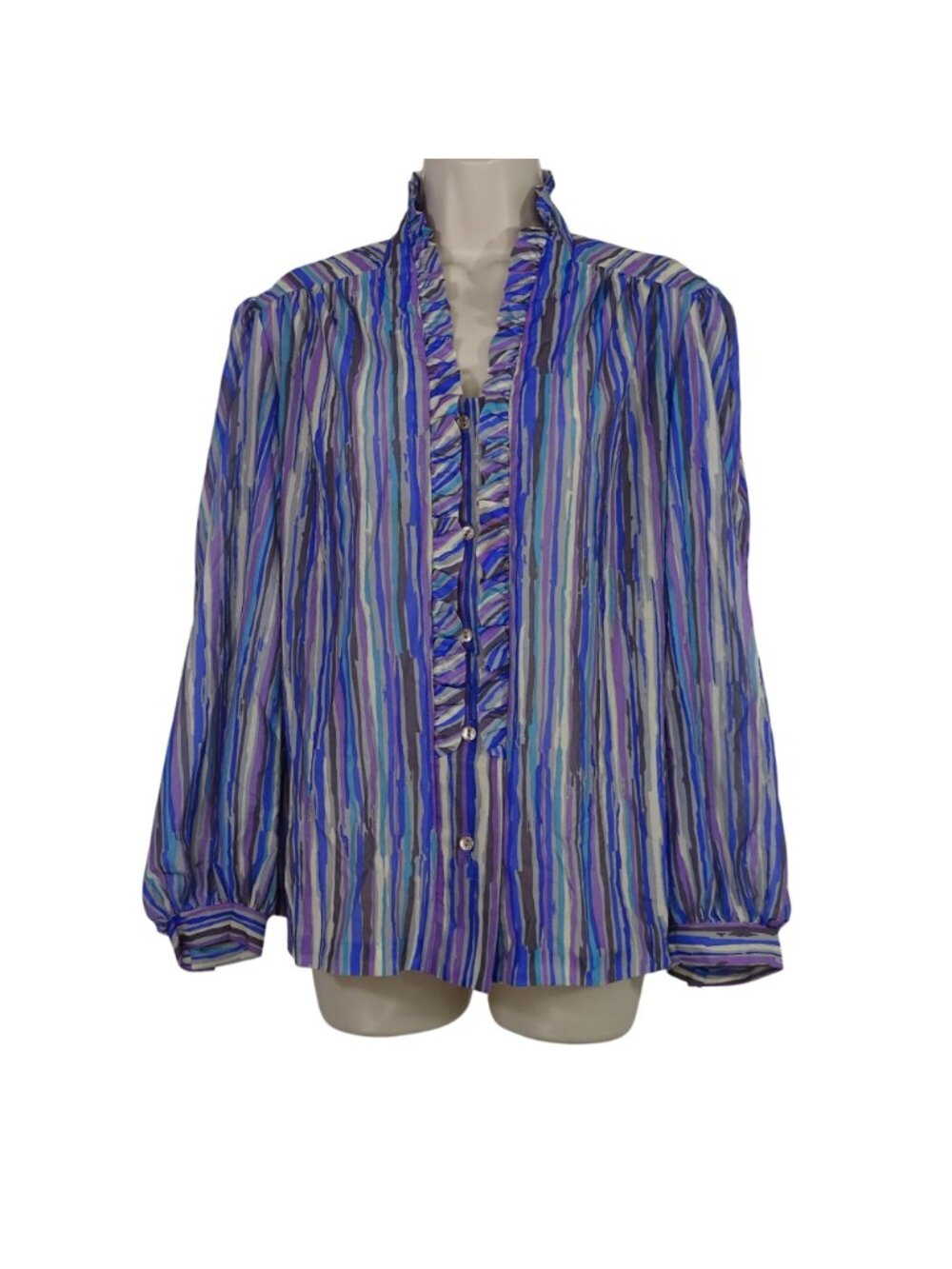 Vintage 80s Teddi Of California Multicolor Stripe Ruffle Blouse Size 18 Office - Picture 2 of 11